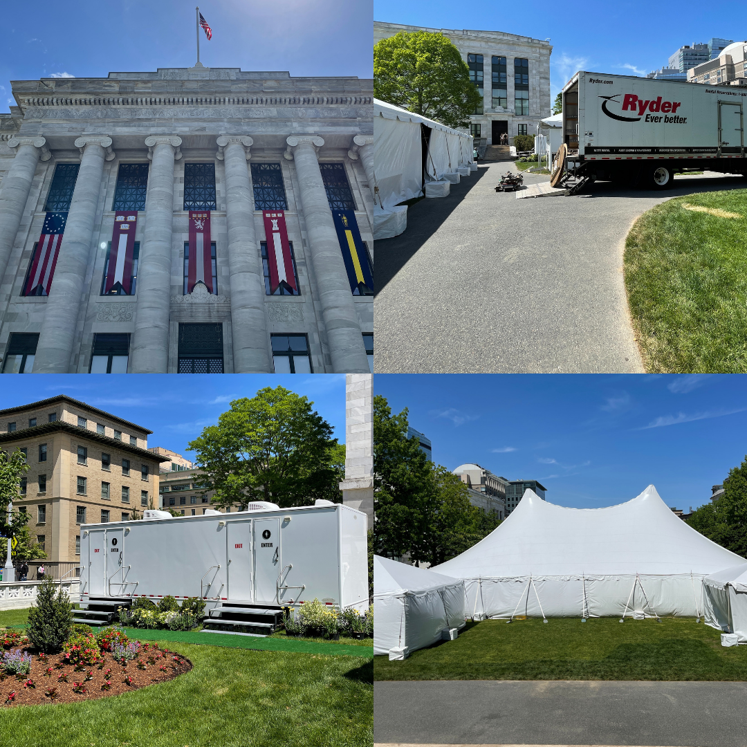 Another collage of four photographs: banners hanging outside Harvard Medical School; supplies being unloaded from a moving truck; bathrooms set up outdoors; and tents on a lawn