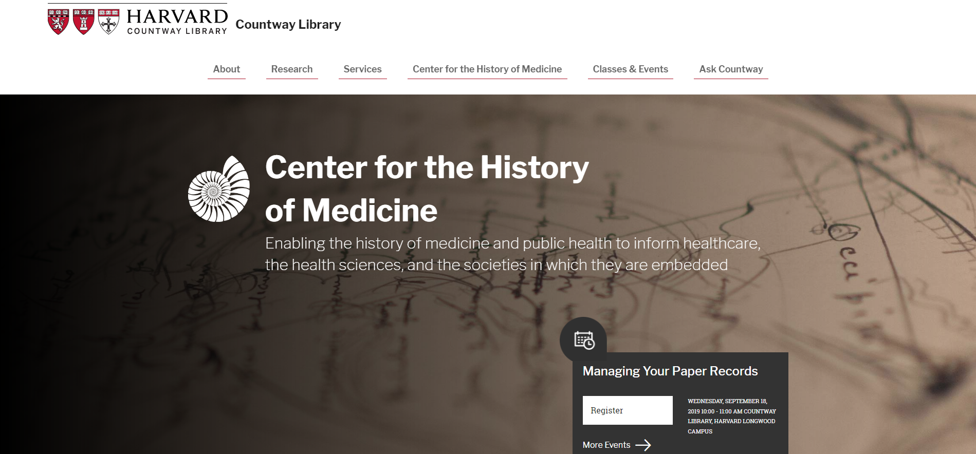 The Center for the History of Medicine's new landing page.