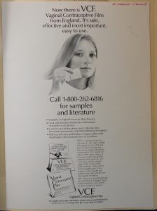 A flyer for VCF from the 1970s offering samples and literature illustrated by a woman holding up a piece of spermicidal film.