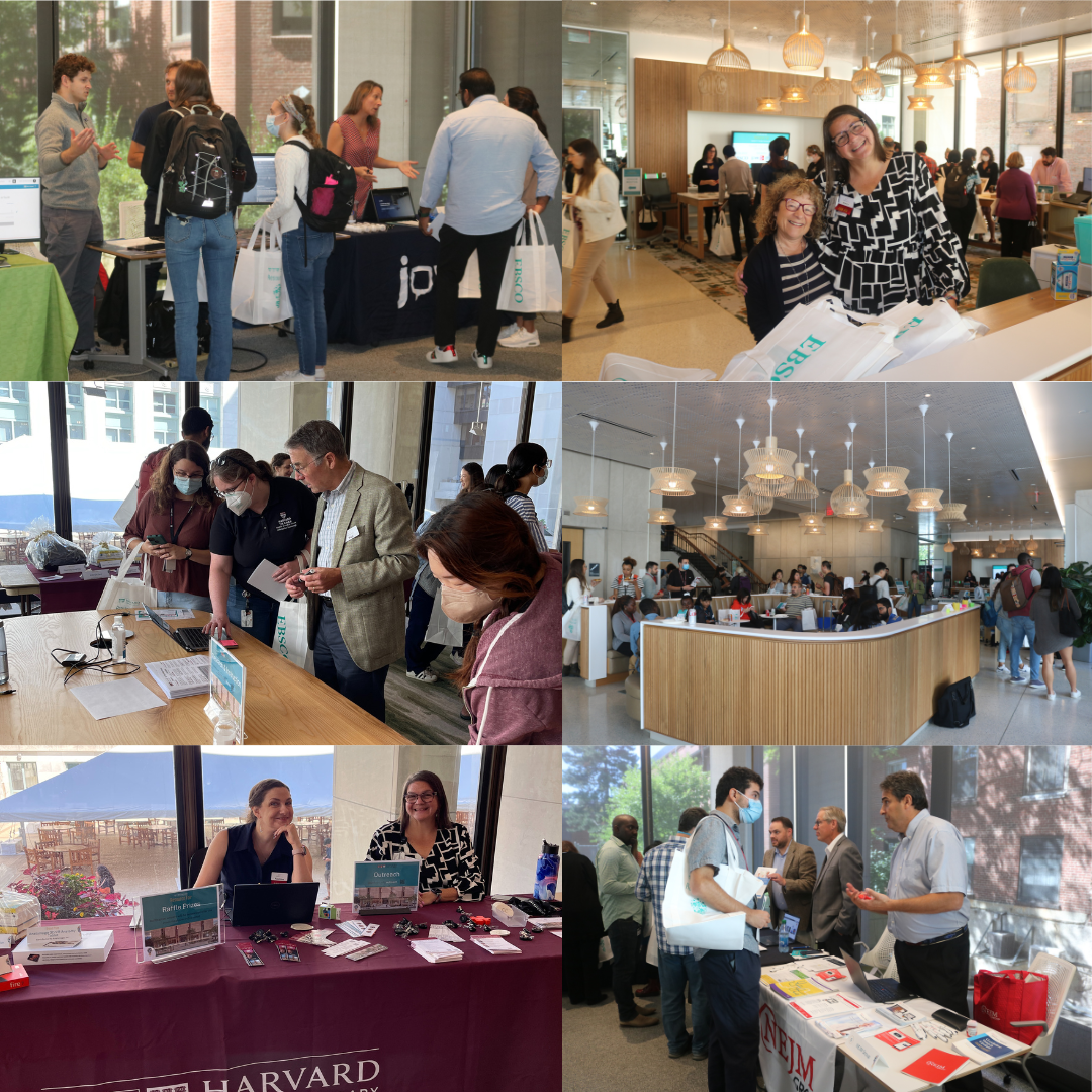 collage of Countway staff manning tables and interacting with attendees at the resource fair