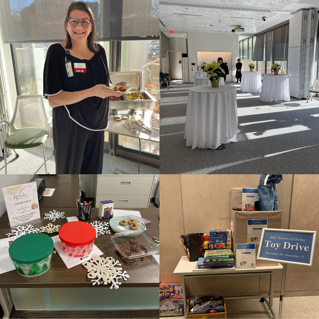 collage of four photographs showing an employee enjoying a holiday event, decorations set up before an event, a cookie swap table, and a toy drive table with toys stacked on top of it.
