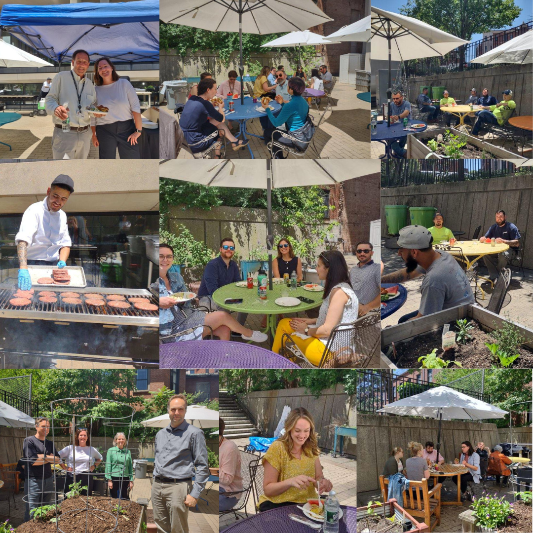 collage of people eating and socializing at the garden event