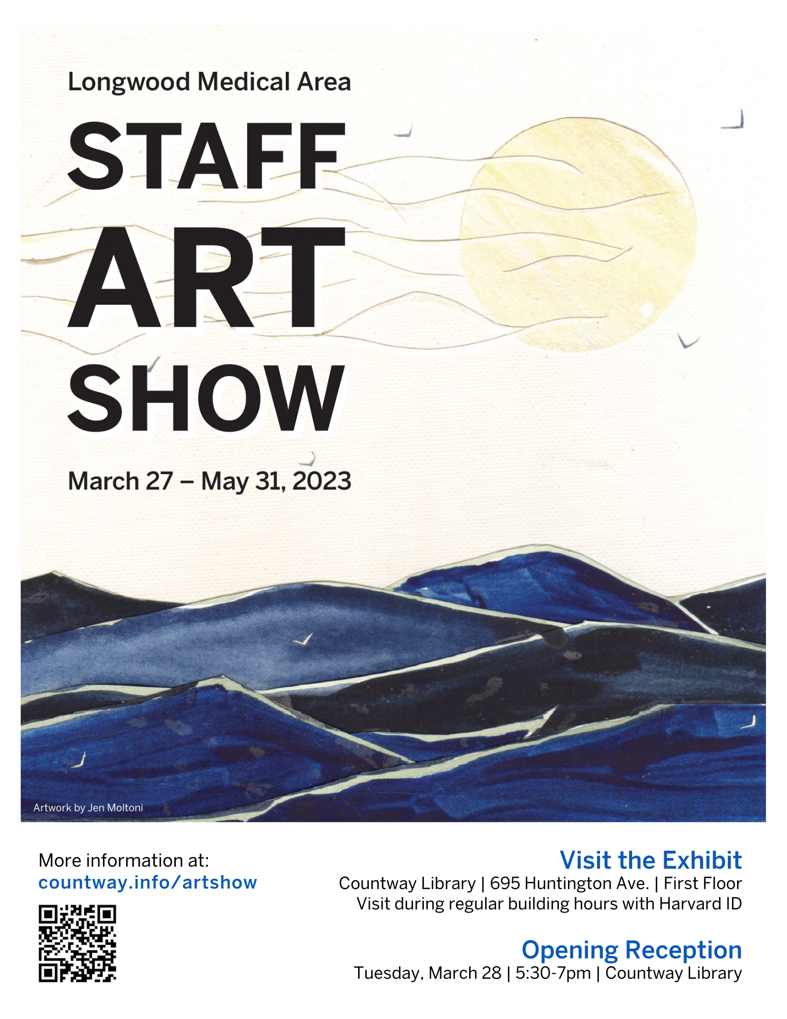 Longwood Medical Area Staff Art Show March 27 to May 31, 2023. Visit the exhibit at Countway Library, 695 Huntington Ave., first floor during regular business hours with a Harvard ID. More information at countway.info/artshow.