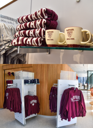 Two photos of Harvard merchandise at the Harvard Coop inside Countway Library