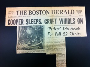 May 16, 1963 Boston Herald headline clipping from with the title Gordon Cooper's Spaceflight: Cooper Sleeps, Craft Whirls On. 'Perfect' Trip Heads for Full 22 Orbits