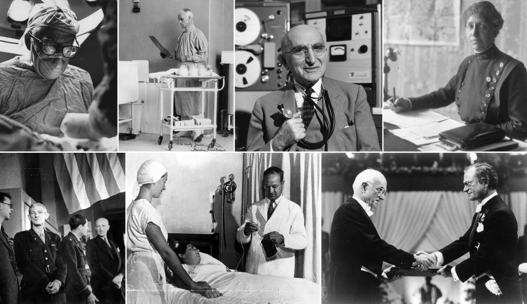 Photographs of seven medical personnel from the Peter Bent Brigham Hospital collection. In the top row, Dr. Moore is wearing personal protective equipment, Dr. Cushing reads a chart behind a rolling cart of medical supplies, Dr. Levine holds a stethoscope, and Nurse Hall writes at a desk. In the bottom row, Dr. Cutler stands under the American flag, Dr. Walter sets up an IV for a patient, and Dr. Murray shakes hands with another man.