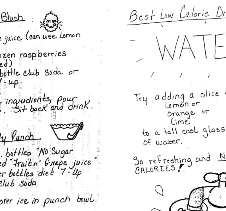 handwritten recipes for non-alcoholic beverages; recipes include Berry Blush, Party Punch, and Water.