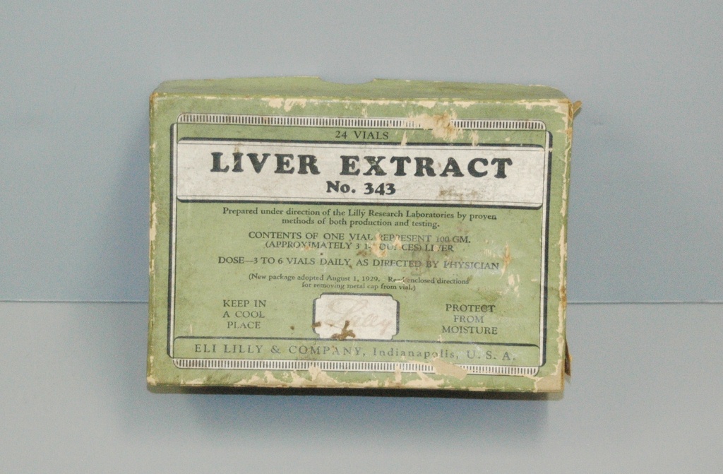 A worn green box that contained 24 vials of liver extract number 343. Contents of one vial represent 100 grams. Users are instructed to keep in a cool place and protect from moisture.