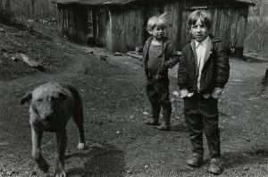 Black and white image of two young boys with their dog in a yard.