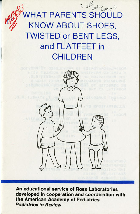 cover of a pamphlet with an illustration of a mother holding the hands of two children, one of which has lower legs that bend outward below the knee, commonly known as knock knee
