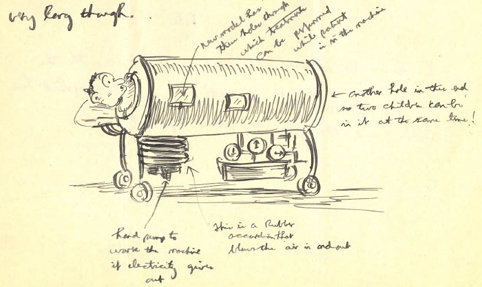 Pen sketch of a man in an iron lung with components labeled