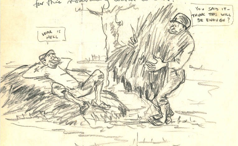 A man lounging on a hay stack says "war is hell" while a man carrying hay says "you said it - think this will be enough?"