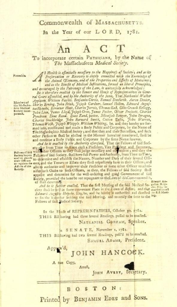 Printed charter with the printed names of Samuel Adams and John Hancock instead of their signatures.