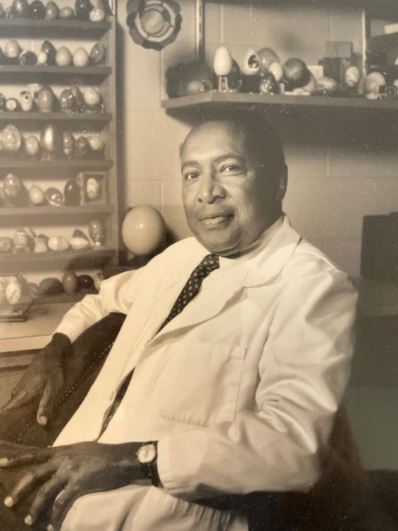 Everett Anderson in lab coat and tie with collection of egg models