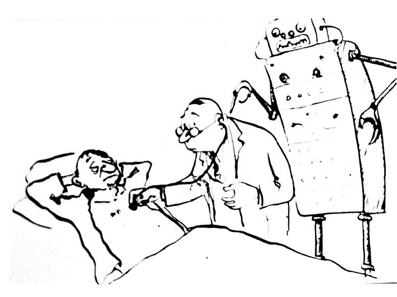 A robot computer taps on the shoulder of a doctor tending to a patient