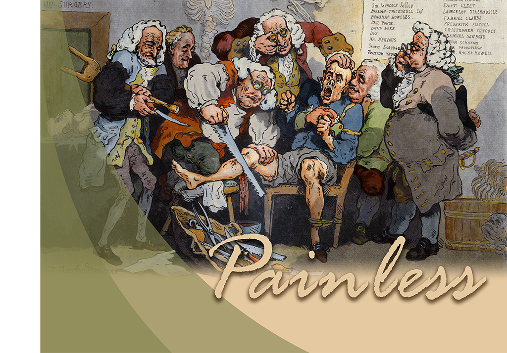 This exhibit poster used a reproduction of “Amputation,” a 1785 satirical etching/aquatint by Thomas Rowlandson (1756–1827). It shows several surgeons in the pre-anesthesia era holding down a distressed man during a leg amputation while they observe with clinical indifference.