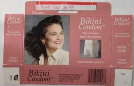 Flattened packaging for the Bikini Condom made in the 1990s. The box features the profile of a smiling woman and the Bikini Condom on a mannequin, which looks like underwear