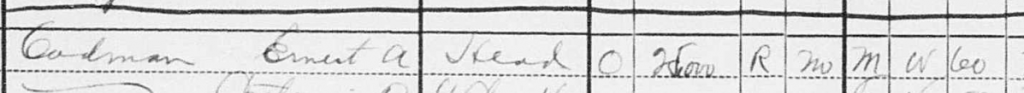 Part of a handwritten 1930 US Census form, showing Ernest A. Codman's name next to a grid with number, letter, and symbol values.