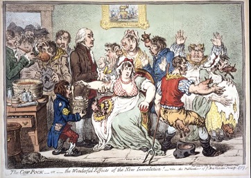 Cartoon satire of a woman being inoculated from cow pox with small cows bursting from the bodies of those behind her. The caption reads: The Cow Pock _ or _ the wonderful effects of the new incolulation!