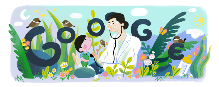 The Google Logo with a cartoon image of a doctor taking care of a child surrounded by nature.