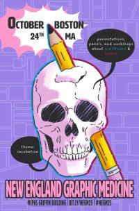 A skull impaled by a giant pencil in the same way Phineas Gage was impaled by an iron pole.