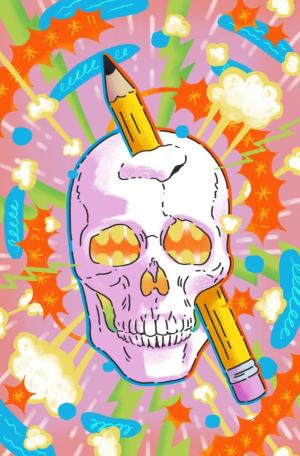 Phineas Gage's skull with a pencil going through it, in front of a colorful graphic background.