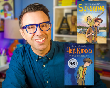 Krosoczka and two of his books. Sunshine features a teen boy carrying a small child brandishing a play sword on his shoulders. Hey, Kiddo shows a teenager boy looking depressed.