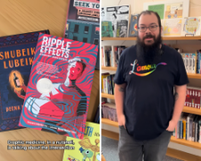 Photo of several graphic medicine works next to a photo of Matthew Noe