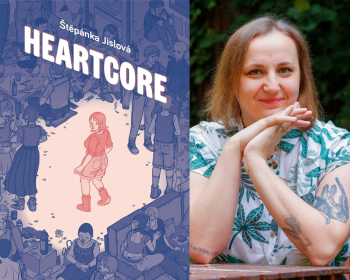 Štěpánka Jislová next to her book, Heartcore, which shows a woman surrounded by people partying with drugs and alcohol.