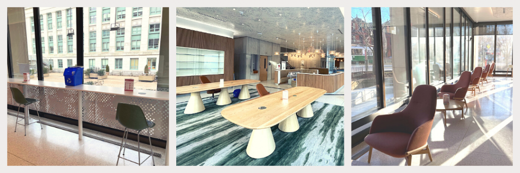 collage of Countway Seating Areas, including a counter looking out windows, large tables, and arm chairs