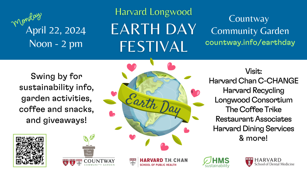 Promotional flyer for 2024 Earth Day Festival at the Countway Community Garden. For details, see the accessible version at the bottom of this page.