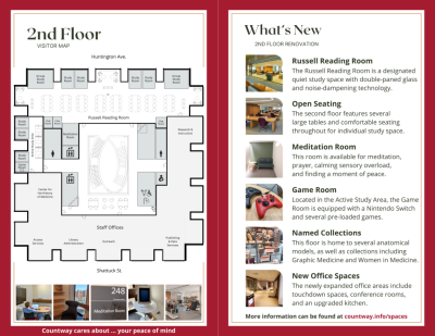 2nd Floor Visitor Map. What's new from the 2nd floor renovation? Russell Reading Room: The Russell Reading Room is a designated quiet space with double-paned glass and noise-dampening technology. Open Seating: The second floor features several large tables and comfortable seating throughout for individual study space. Meditation Room: This room is available for meditation, prayer, calming sensory overload, and finding a moment of peace. Game Room: Located in the Active Study Area, the Game Room is equipped with a Nintendo Switch and several pre-loaded games. Named Collections: This floor is home to several anatomical models, as well as collections including Graphic Medicine and Women in Medicine. New Office Spaces: The newly expanded office areas include touchdown spaces, conference rooms, and an upgraded kitchen. More information can be found at countway.info/spaces.