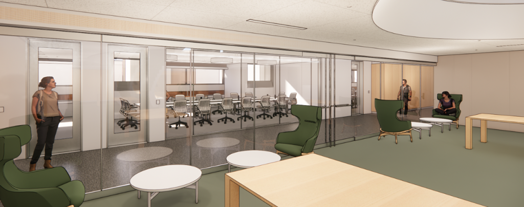 Rendering of Countway Library L1 Renovation showing a hallway with rooms behind glass walls on both sides. One side showcases a conference room and the other has lounge chairs and more informal seating.
