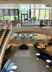Photo of the L1 atrium, taken from the 1st floor of Countway Library.