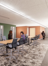 Rendering of Countway Library L1 renovation showing two students seated a table and one walking down the hallway.