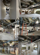 Collage of construction photos from the week of April 16, 2023 showing new drywall installed in L1.