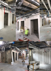 Collage of construction photos from the week of May 1, 2023 showing a construction worker installing new drywall.