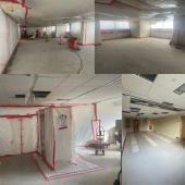 Collage of construction photos showing L1 empty except for plastic sheeting covering the walls and some of the ceiling and floor.