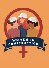 three women wearing construction hats with the words "Women in Construction" written underneath.