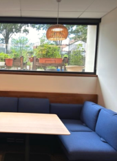 Photo of a blue couch and table with a window to the garden in the background
