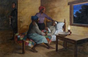 Two Black women care for a third who is in bed with a bandaged head. A man stands around the corner holding a towel.
