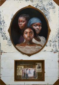 A portrait of three young Black women over a box of medical instruments.