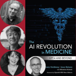 Cover image of the book, The AI Revolution in Medicine, next to headshots of the three authors and the moderator