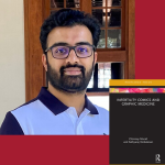 Headshot of Dr. Chinmay Murali next to the cover of his book, Infertility Comics and Graphic Medicine