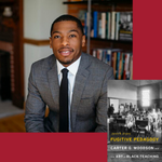 Headshot of Jarvis Givens next to a cover image of the book "Fugitive Pedagogy" on a red background.