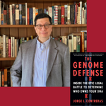 Jorge Contreras in front of a bookcase and the cover image of his book, The Genome Defense
