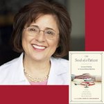 Headshot of Susan Pories with the cover image of her book, The Soul of a Patient