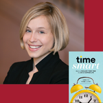 Headshot of Ashley Whillans alongside the cover image of her book, Time Smart