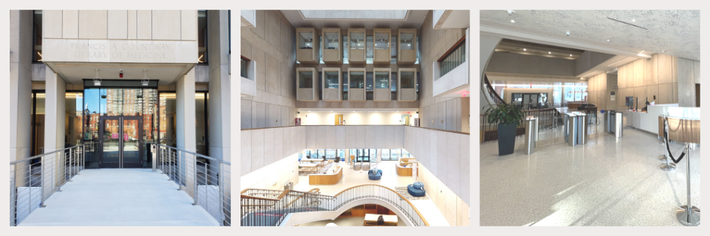 the entrance to Countway Library shown from outside and from the second floor, as well as the turnstiles just inside the entrance