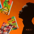 Black silhouette of a man's head over an orange background, with images of falling books to the left.